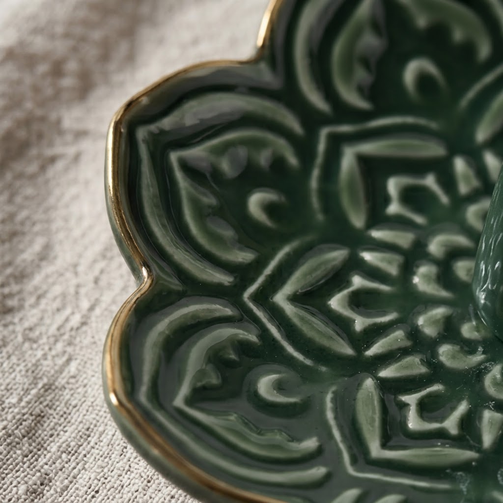Emerald Scroll Ceramic Incense Holder