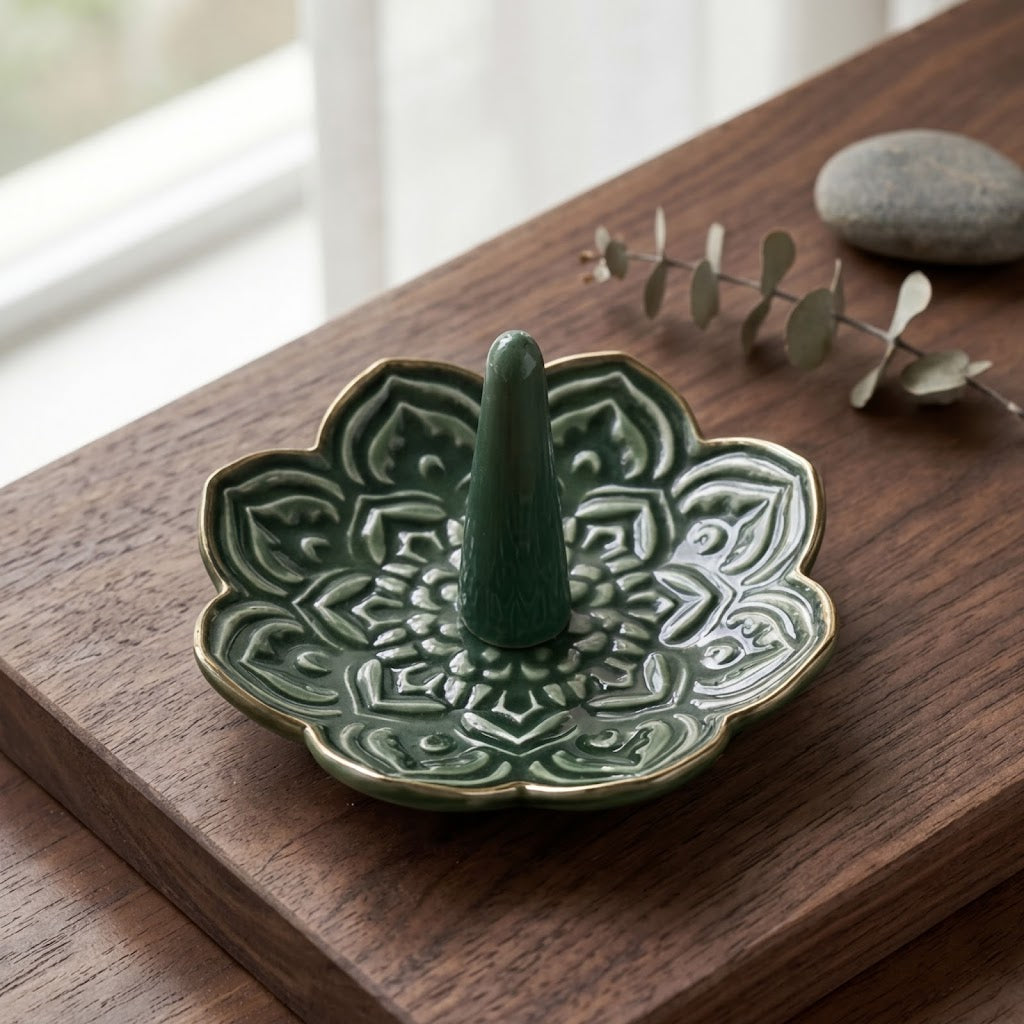 Emerald Scroll Ceramic Incense Holder
