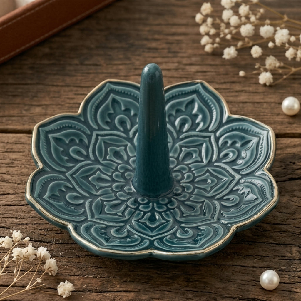 Teal Bloom Ceramic Ring Holder