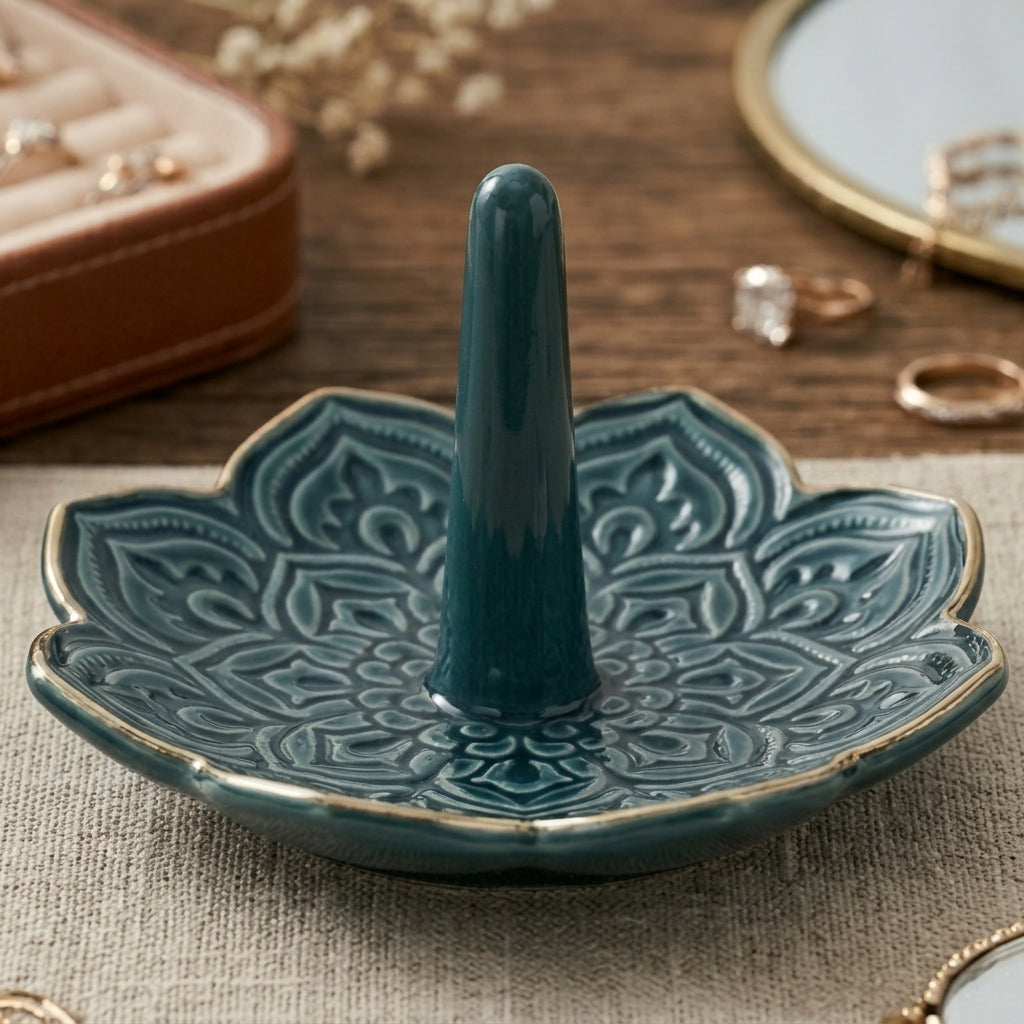 Teal Bloom Ceramic Ring Holder