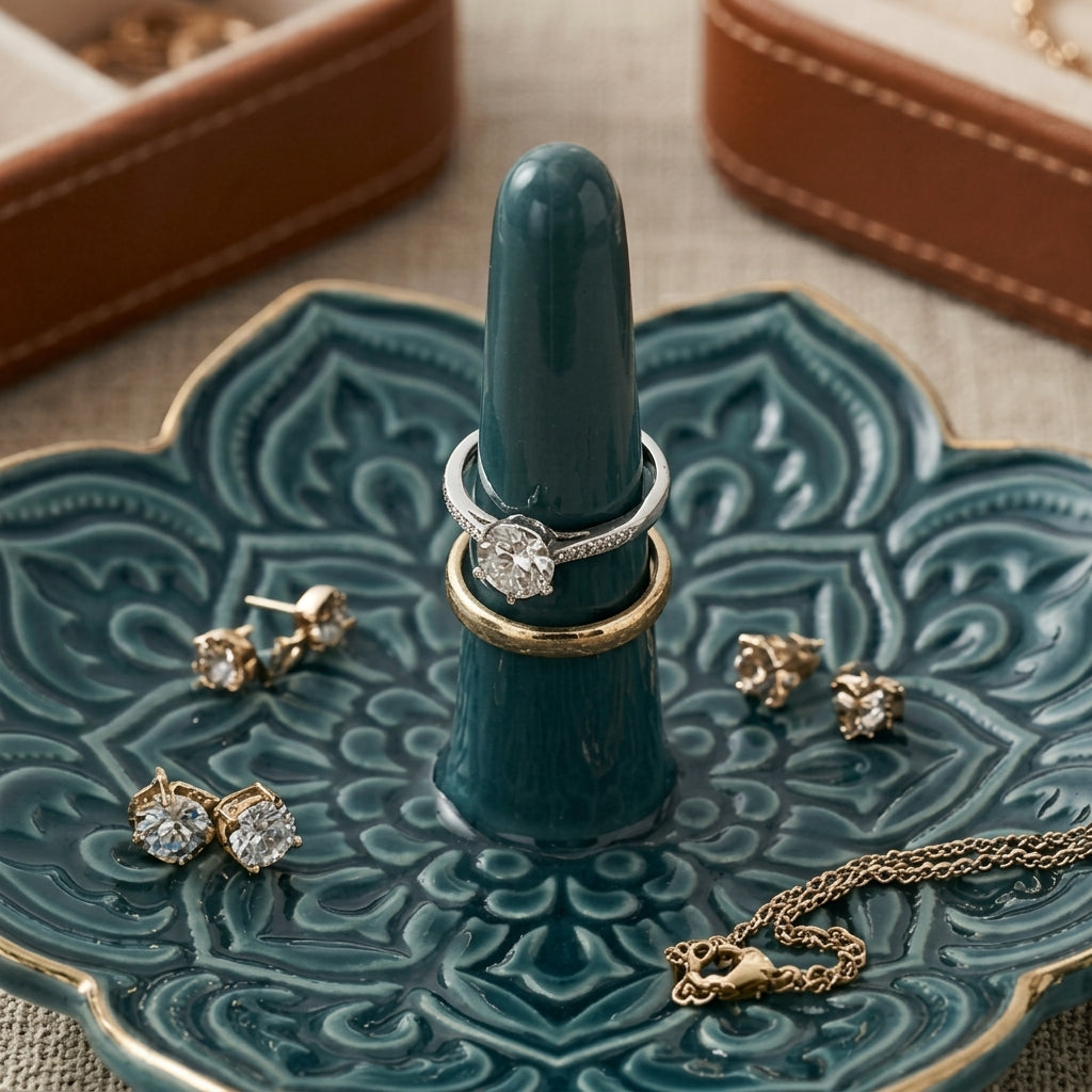 Teal Bloom Ceramic Ring Holder